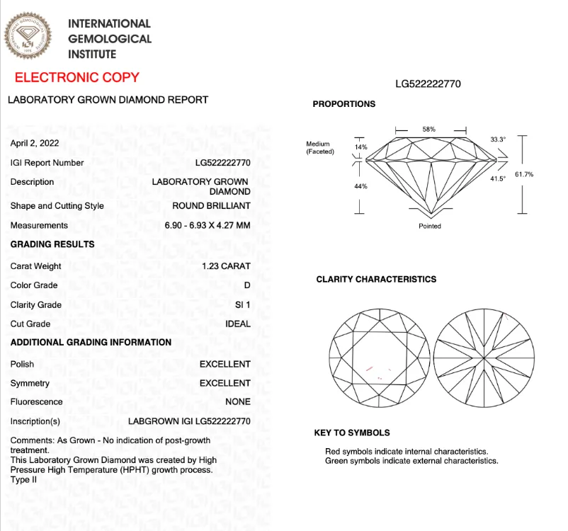 1.23CT Round D SI1 IDEAL 3EX NONE - LG522222770