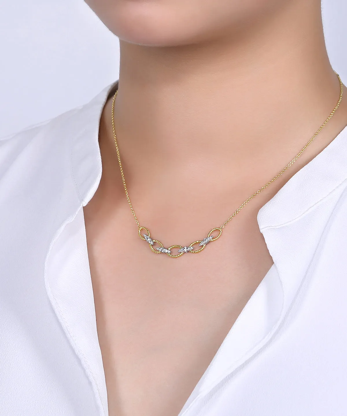 14K Yellow-White Gold Twisted Rope Oval Link Necklace with Diamond Connectors