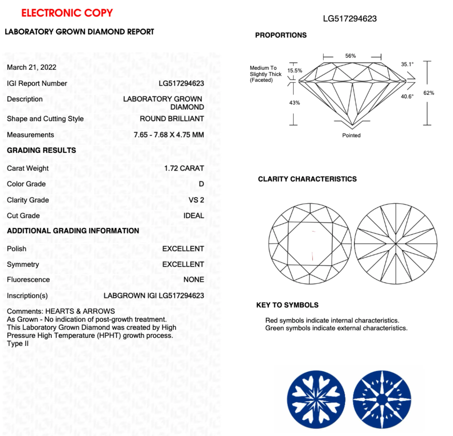 1.72CT Round D VS2 IDEAL 3EX NONE (H&A) - LG517294623