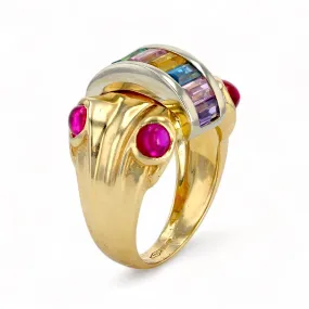 18K yellow gold multicolor gemstone rainbow arch ring-31625