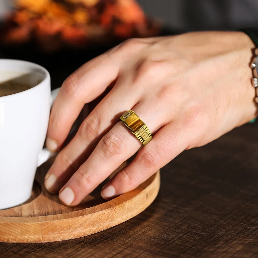 18K Yellow Gold Plated Mens Heavy Silver Ring Band Large Tiger's Eye Jewelry