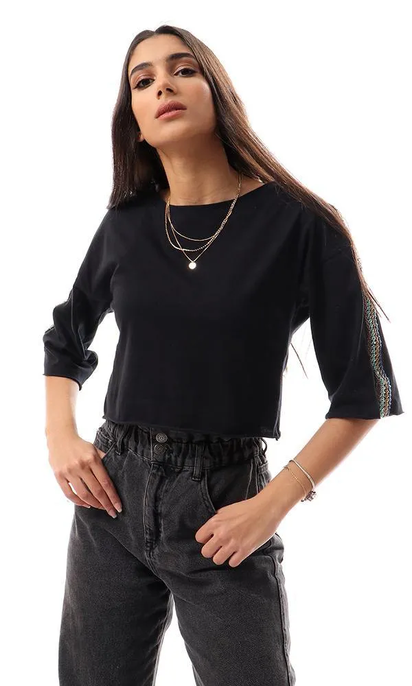 57180 Stitched Sequins Elbow Sleeves Black Cropped Tee