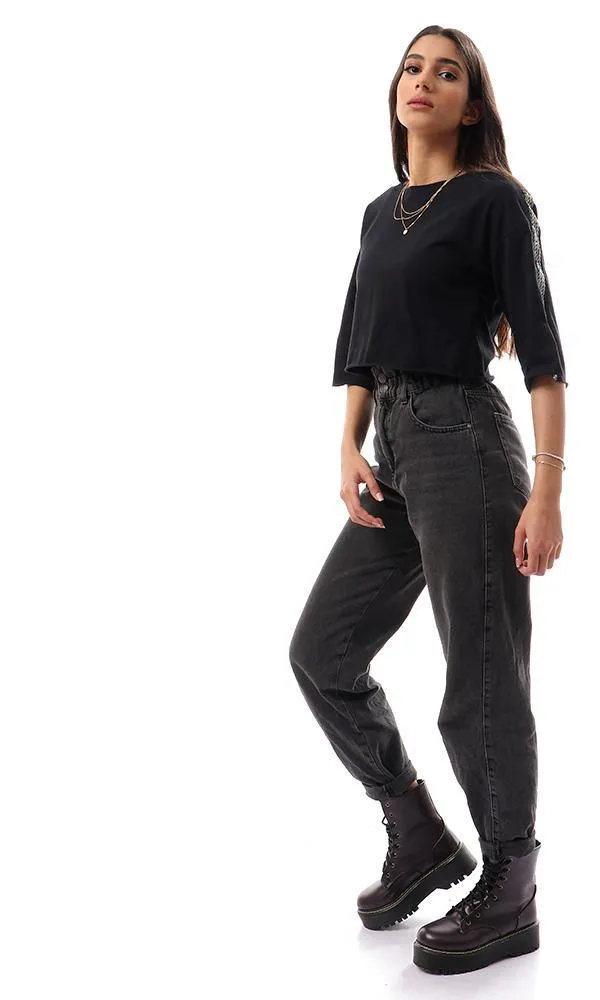 57180 Stitched Sequins Elbow Sleeves Black Cropped Tee