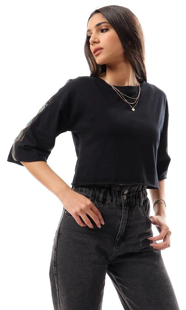 57180 Stitched Sequins Elbow Sleeves Black Cropped Tee