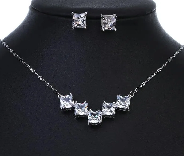 AAA CZ Square Crystal Pendant Necklace Earring Set