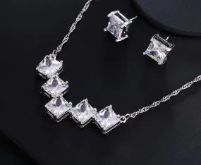 AAA CZ Square Crystal Pendant Necklace Earring Set