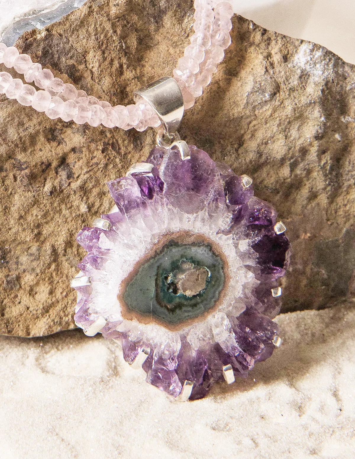 Amethyst Stalactite on Rose Quartz Necklace - One Of A Kind