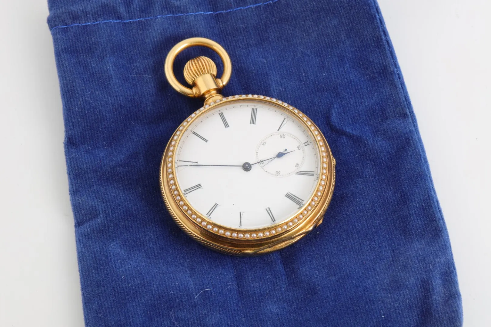 Avance Retard 18k Gold Pocket Watch with Enamel Face Pearl Accents (128.35g.)