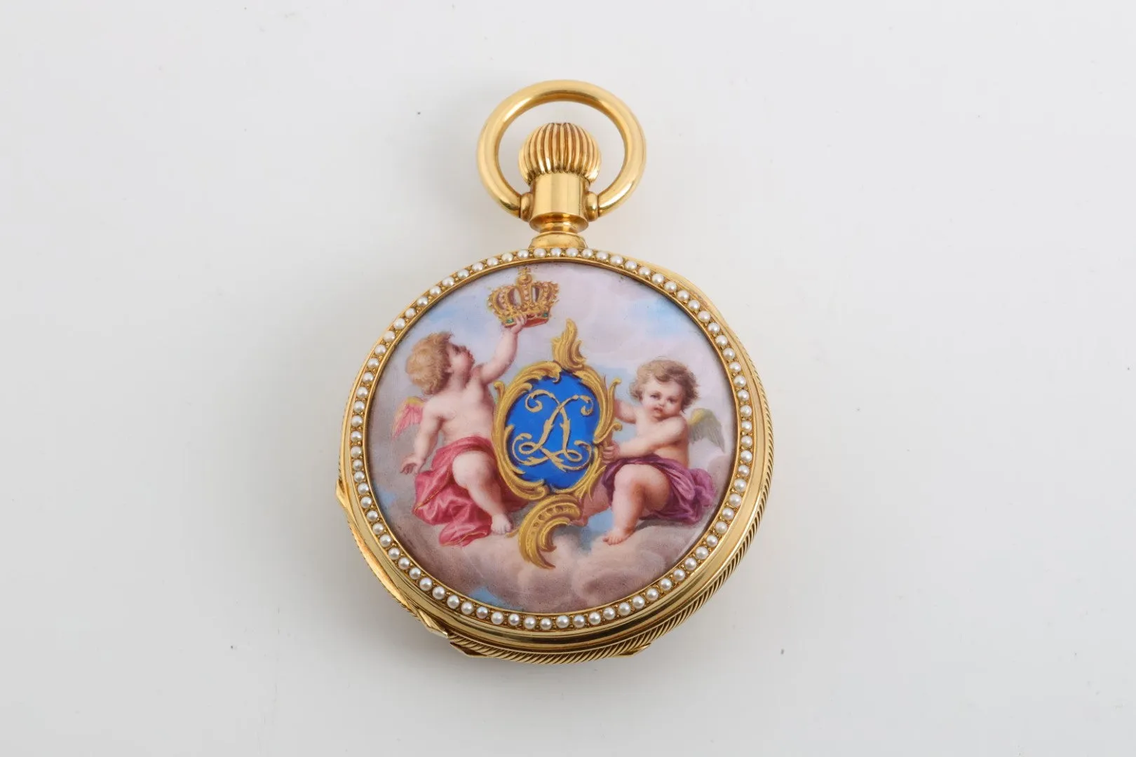 Avance Retard 18k Gold Pocket Watch with Enamel Face Pearl Accents (128.35g.)