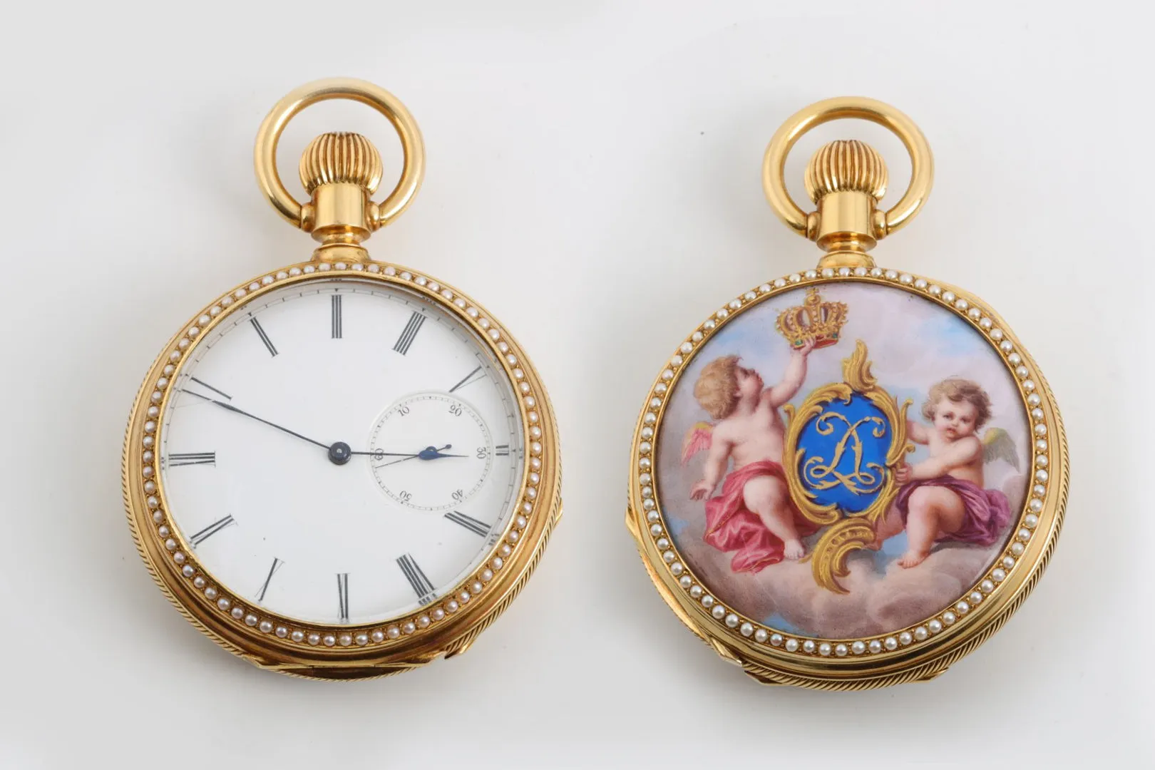 Avance Retard 18k Gold Pocket Watch with Enamel Face Pearl Accents (128.35g.)