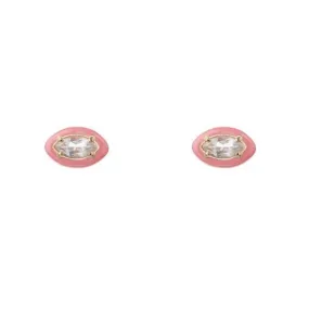 Bea Bongiasca - Marquise Stud Earrings with Rock Crystal and Coral Enamel, Yellow Gold and Silver