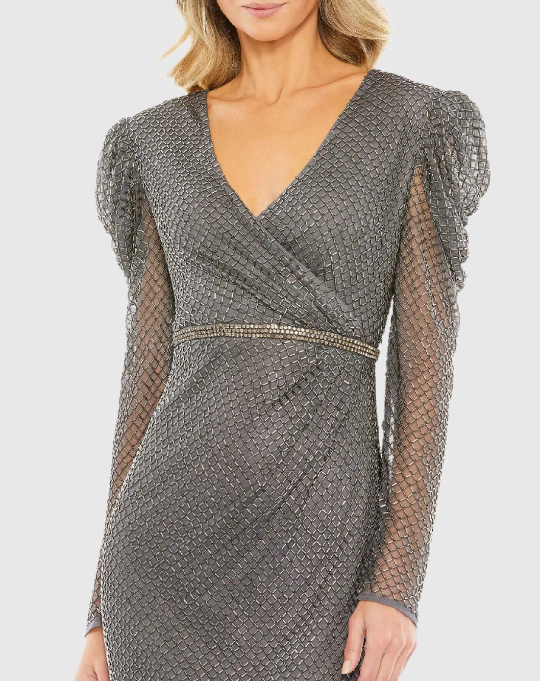 Beaded Wrap Over Puff Sleeve Dress