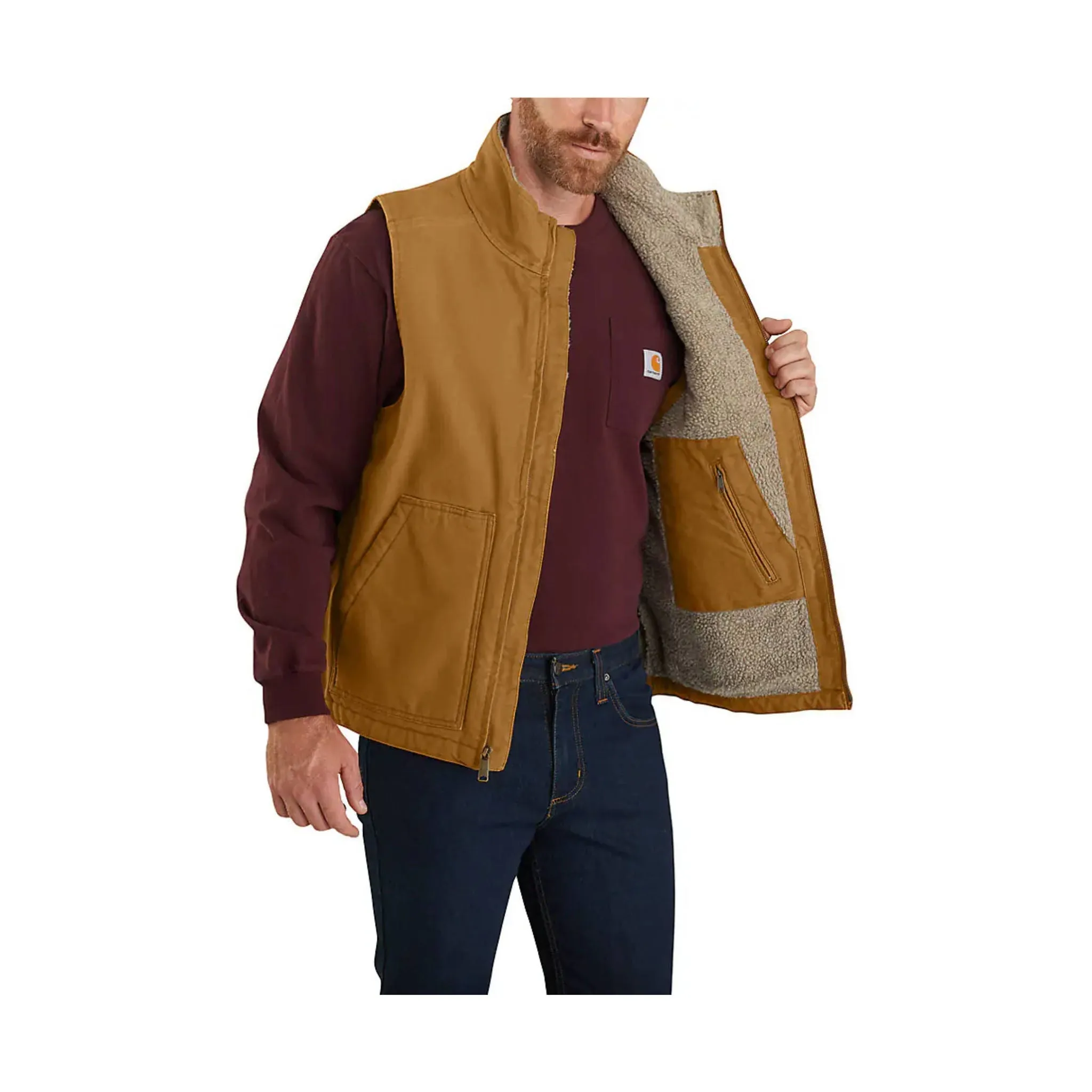 Carhartt Men's Mock Neck Sherpa Lined Loose Fit Washed Duck Vest - Carhartt Brown