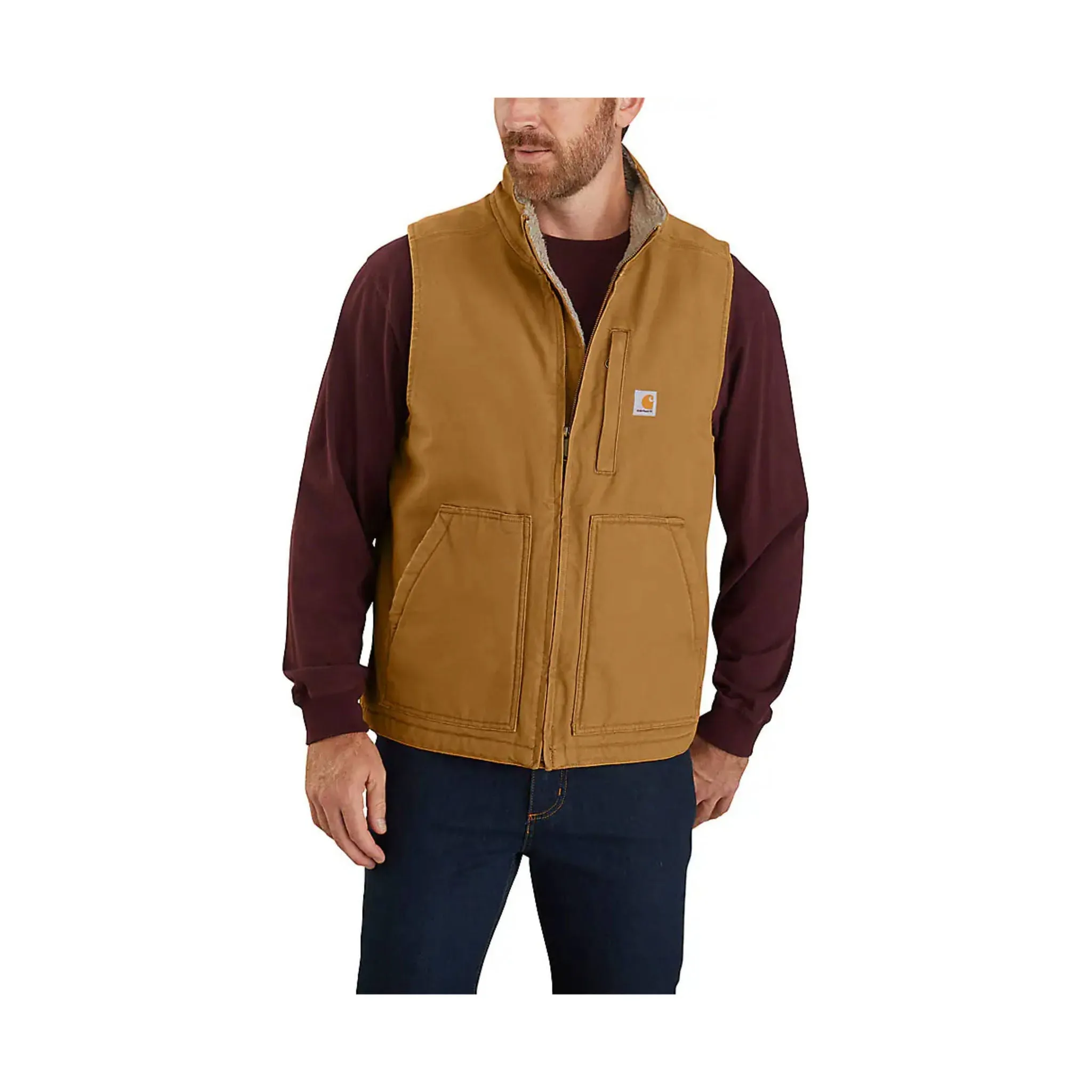 Carhartt Men's Mock Neck Sherpa Lined Loose Fit Washed Duck Vest - Carhartt Brown