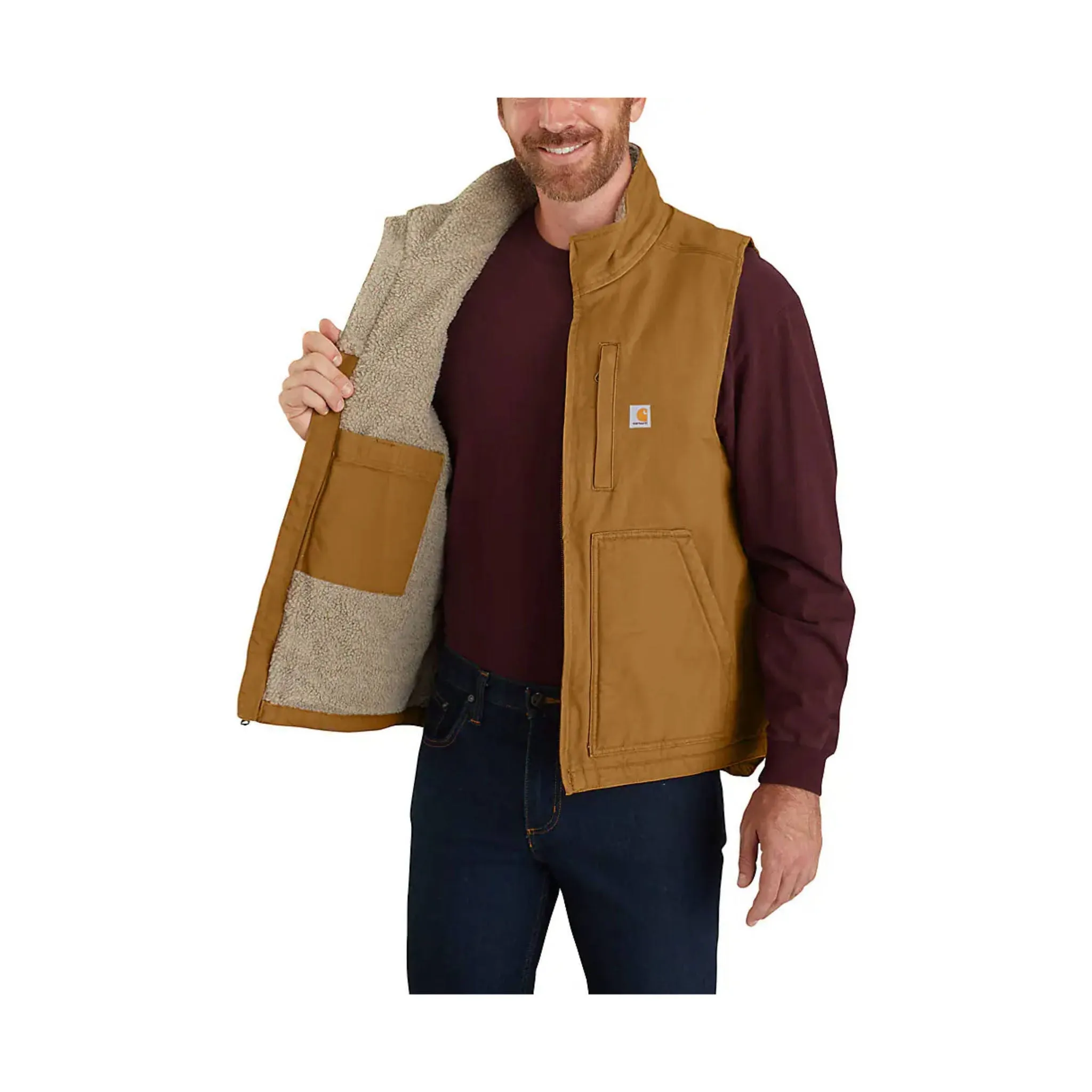 Carhartt Men's Mock Neck Sherpa Lined Loose Fit Washed Duck Vest - Carhartt Brown