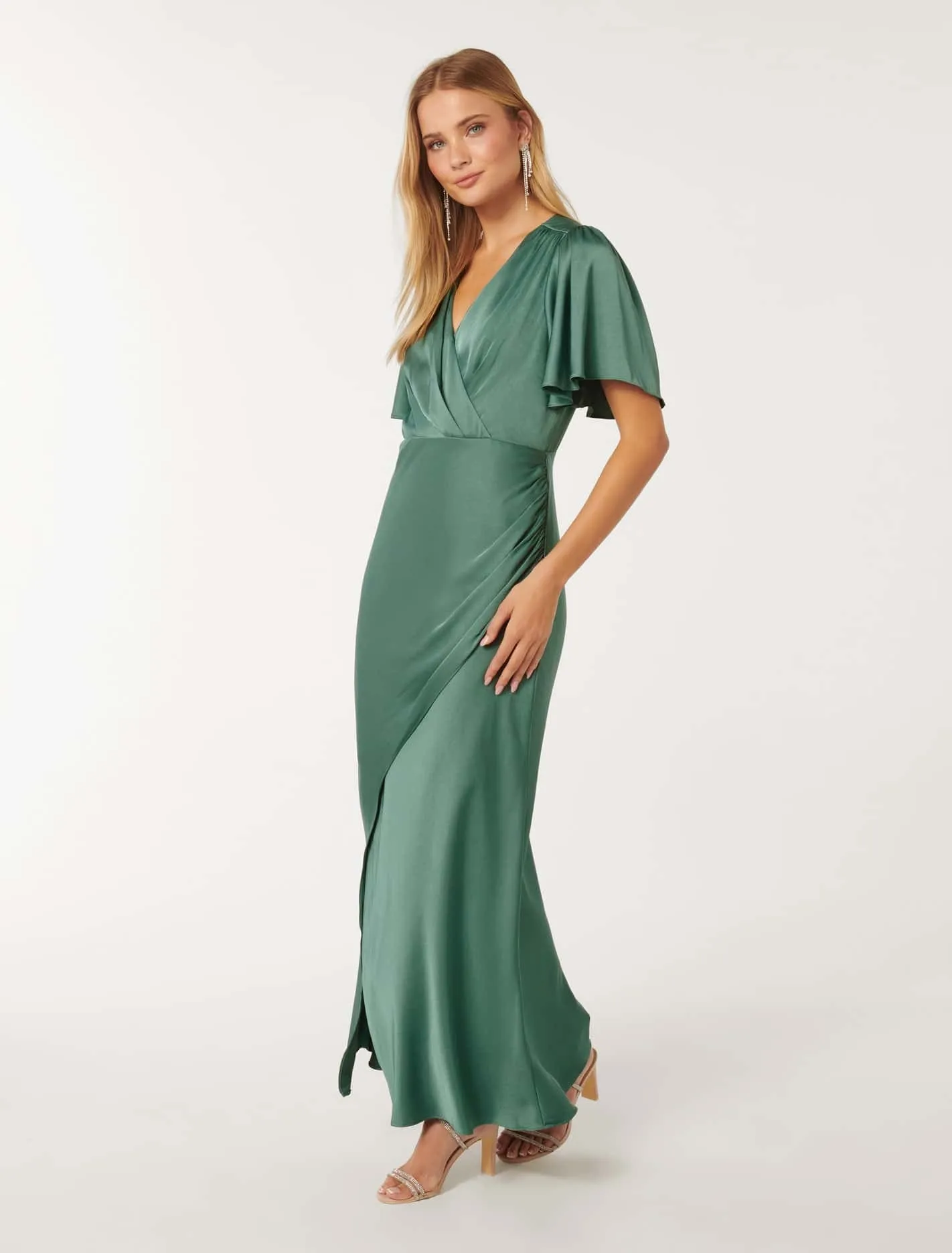 Chelsea Flutter Sleeve Satin Maxi Dress