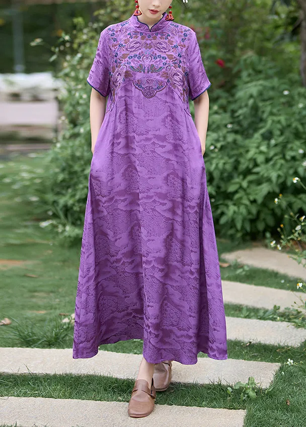 Chinese Style Purple Stand Collar Embroidered Silk Dress Summer WW1016