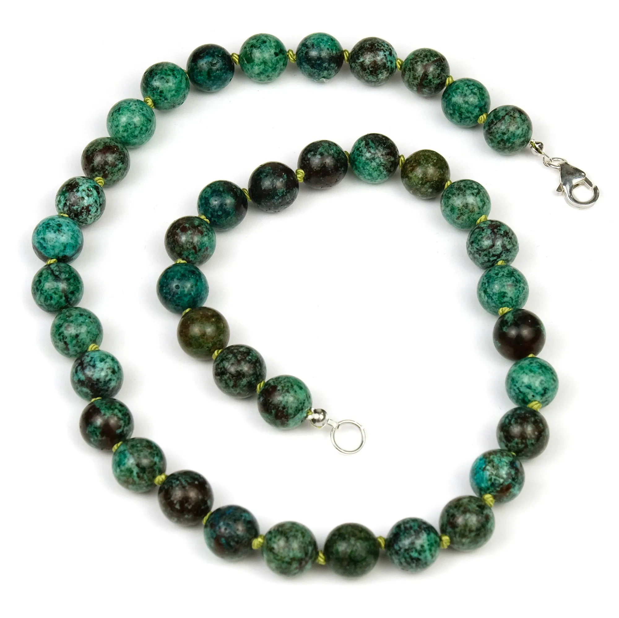 Chrysocolla 10mm Round Knotted Necklace with Sterling Silver Trigger Clasp