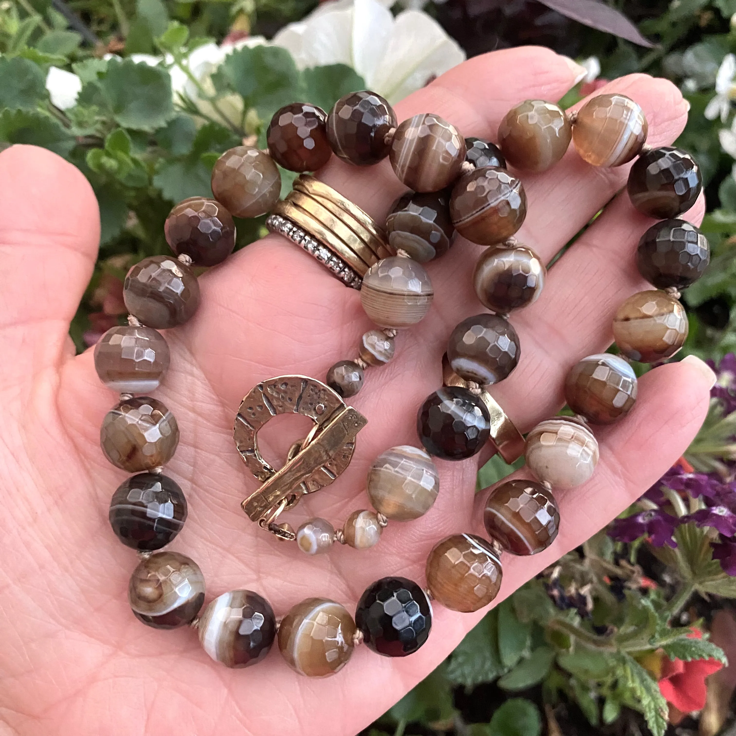 Chunky Brown Bostwana Agate Candy Necklace, Artisan Gold Bronze Toggle Clasp, 18inches