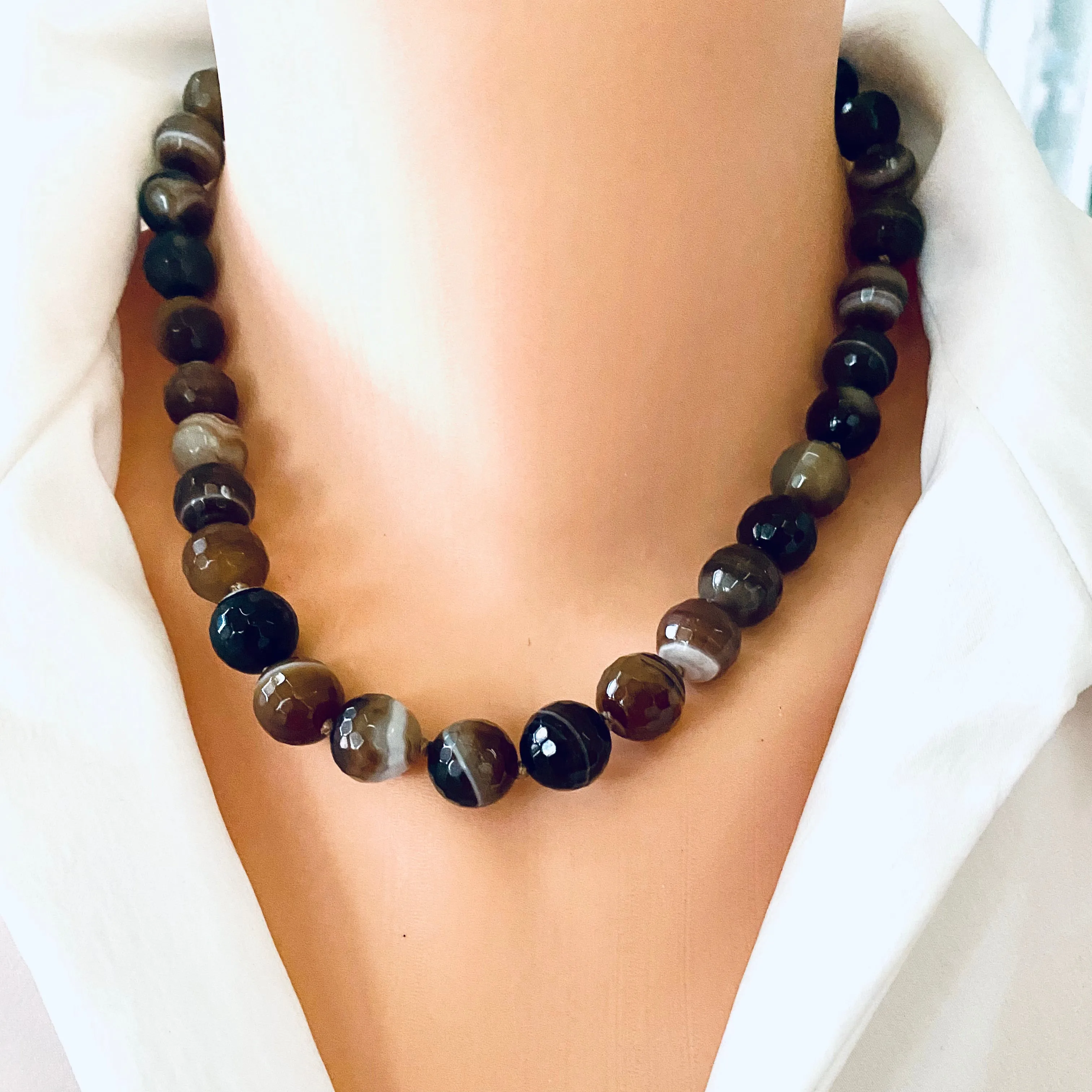 Chunky Brown Bostwana Agate Candy Necklace, Artisan Gold Bronze Toggle Clasp, 18inches