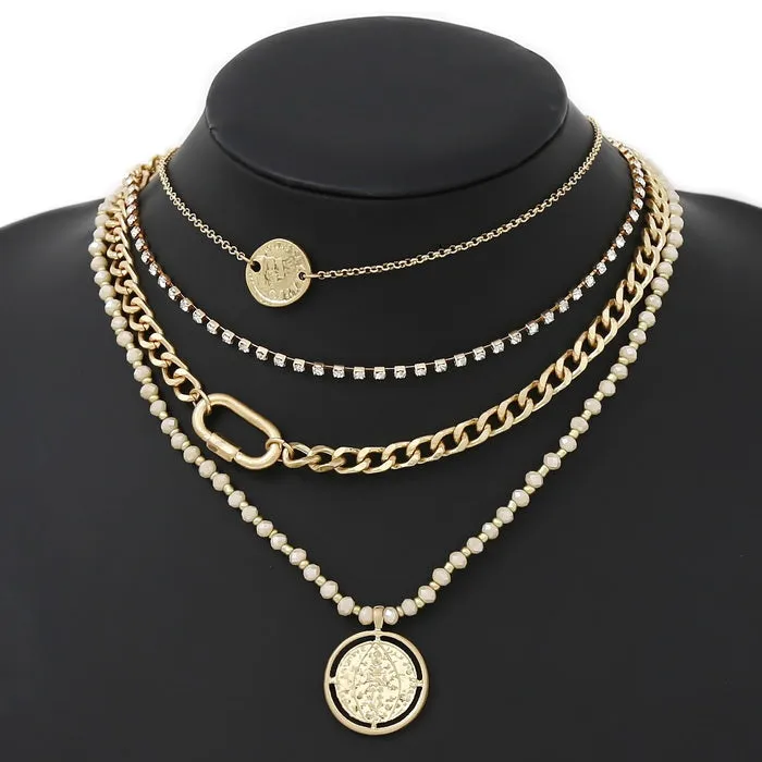 Coin Pendant Glass Beaded Layered Chain Necklace