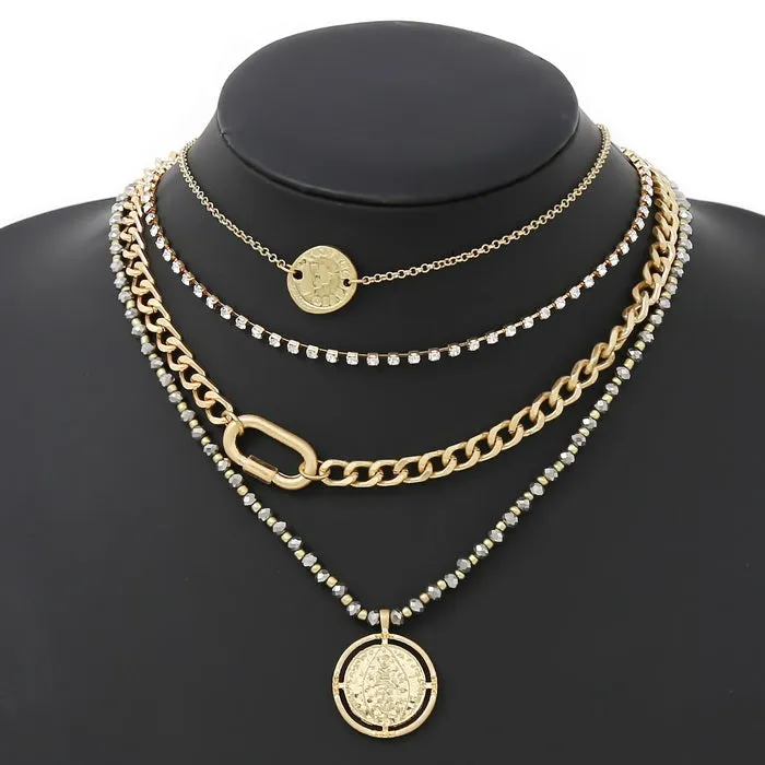 Coin Pendant Glass Beaded Layered Chain Necklace