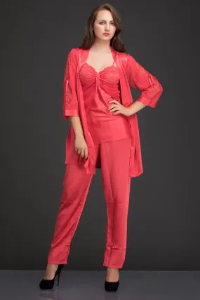 Coral Satin Night suit with Robe