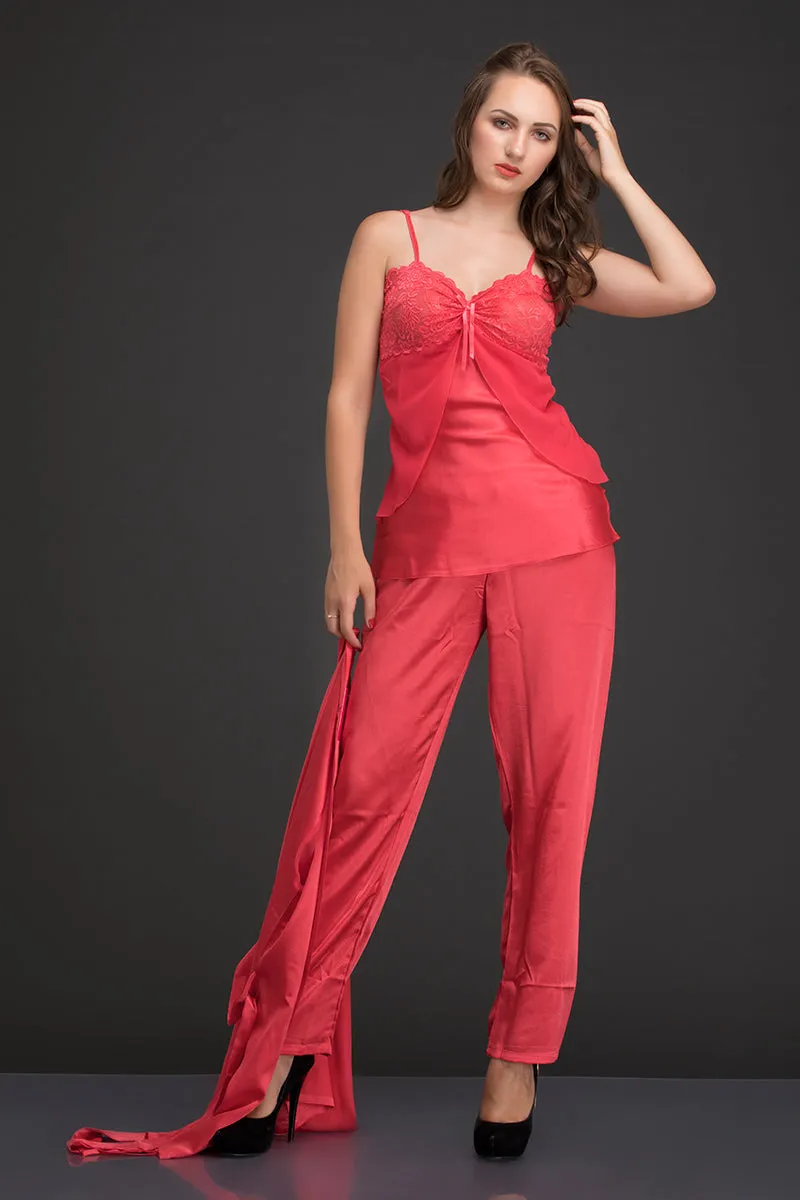 Coral Satin Night suit with Robe