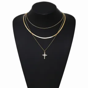 Cross Glass Stone Pave Pendant Layered Chain Necklace