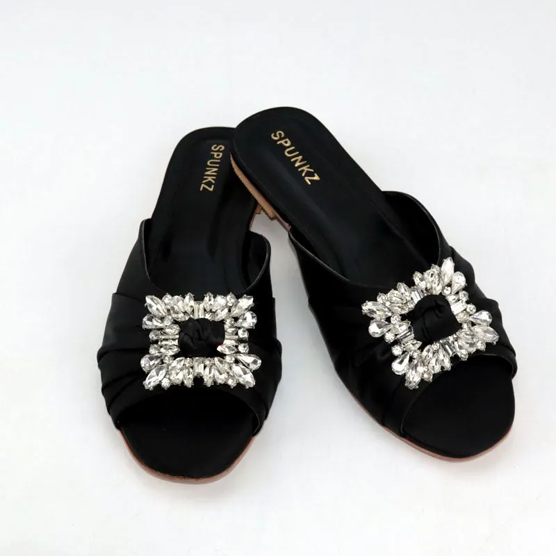 Crystal Embellished Buckle Round Toe Wedding Satin Flats