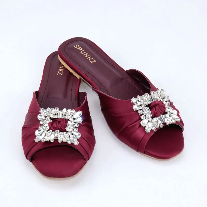 Crystal Embellished Buckle Round Toe Wedding Satin Flats