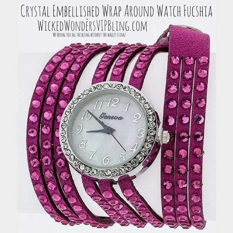 Crystal Embellished Wrap Around Watch Fucshia