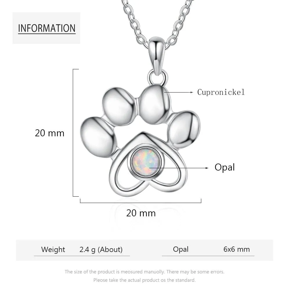 Cute Animal Dog Paw Footprints Opal Necklace - 925 Sterling Silver