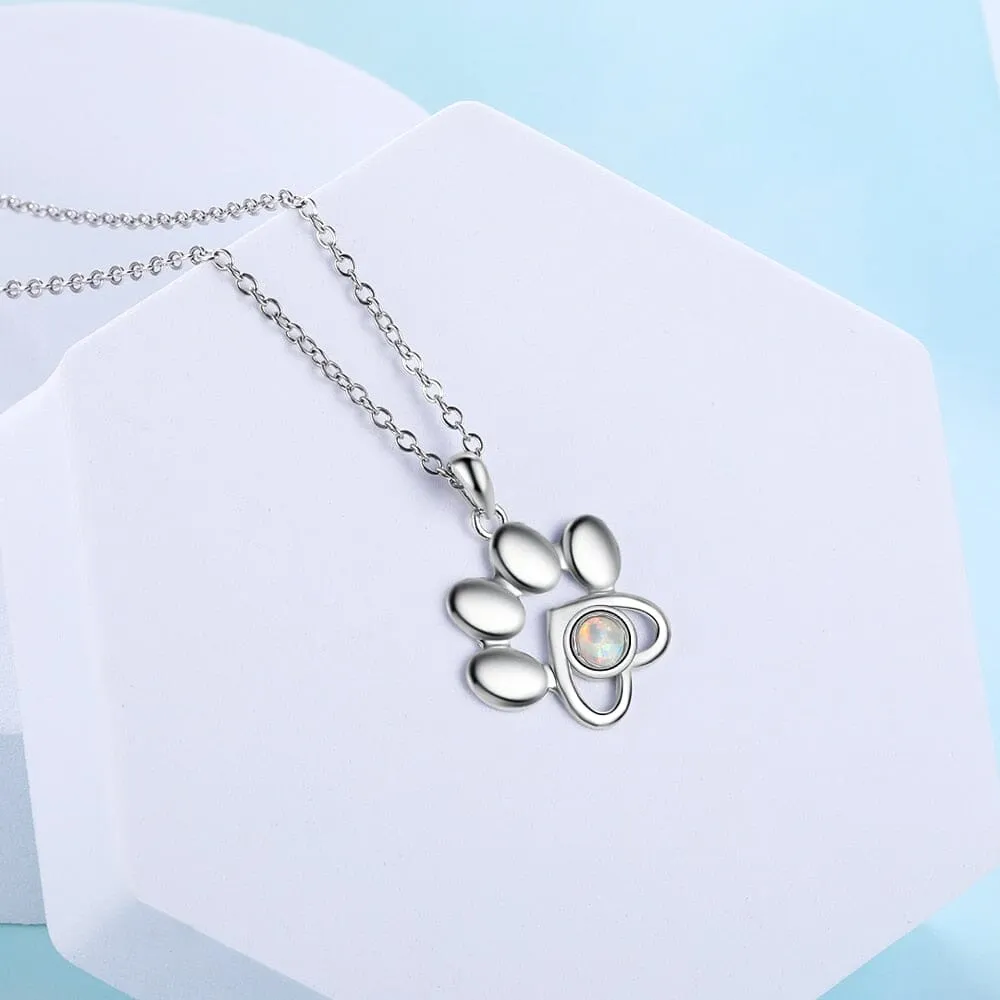 Cute Animal Dog Paw Footprints Opal Necklace - 925 Sterling Silver