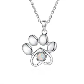 Cute Animal Dog Paw Footprints Opal Necklace - 925 Sterling Silver