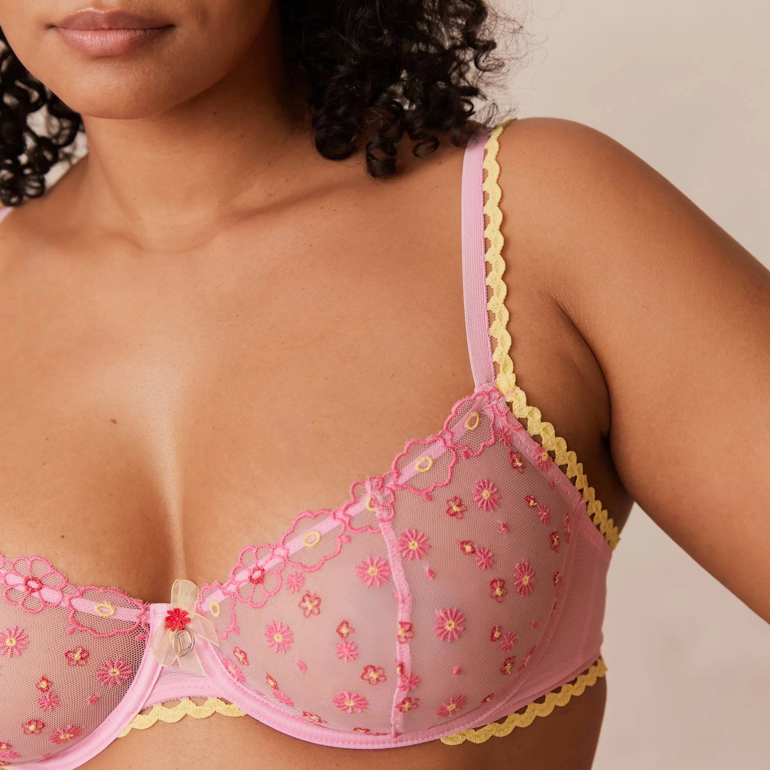 Daisy Embroidered Balcony Bra  - Pink