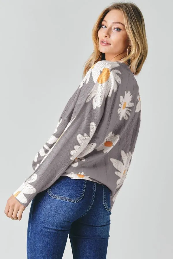 Davi & Dani Floral Print Crew Neck Loose Sweater