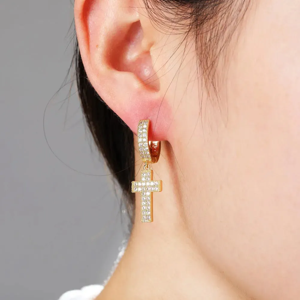 Diamond Cross Hoop Earrings in Yellow Gold