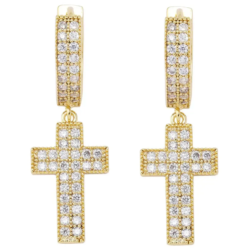 Diamond Cross Hoop Earrings in Yellow Gold