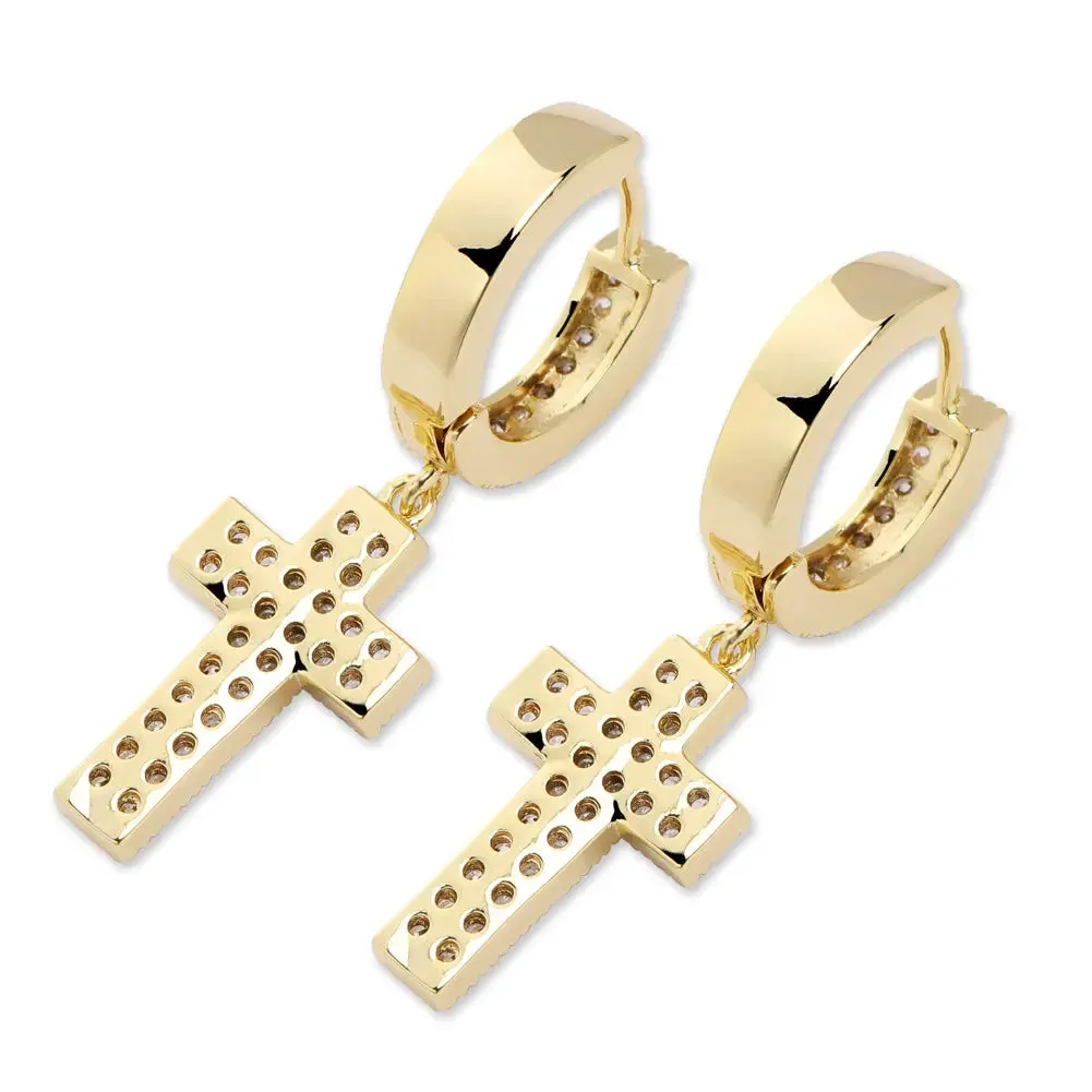 Diamond Cross Hoop Earrings in Yellow Gold