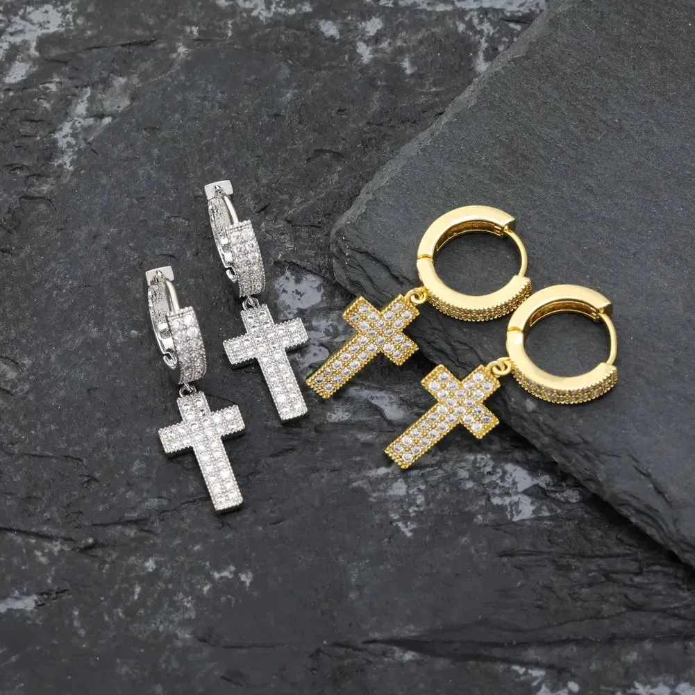 Diamond Cross Hoop Earrings in Yellow Gold