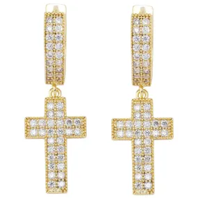 Diamond Cross Hoop Earrings in Yellow Gold