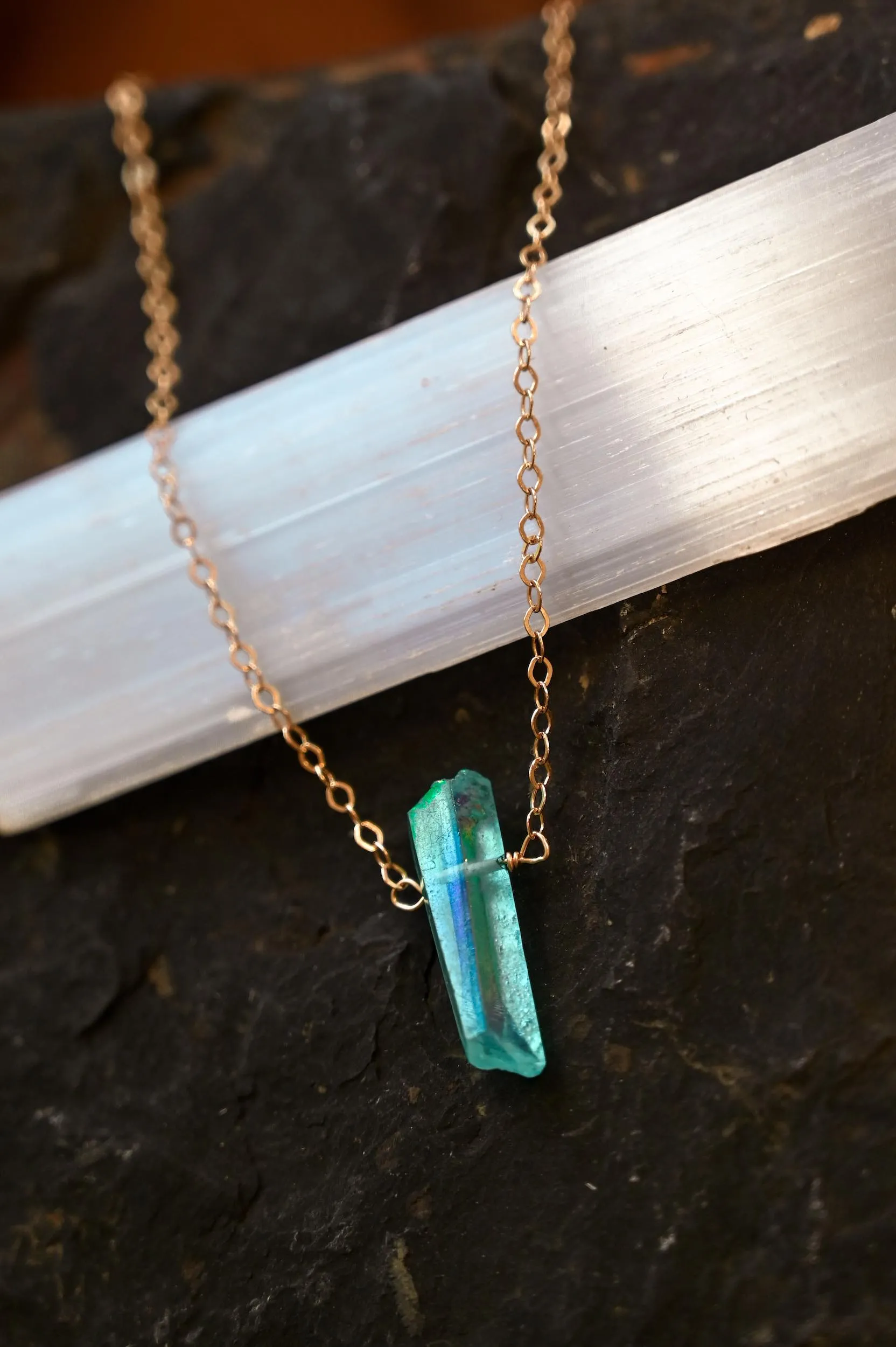 Dreamer Blue Angel Aura Quartz Gold Necklace