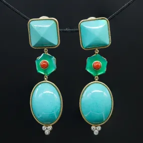 Earrings with Sleeping Beauty Turquoise, Green Agate, Coral and Diamonds.