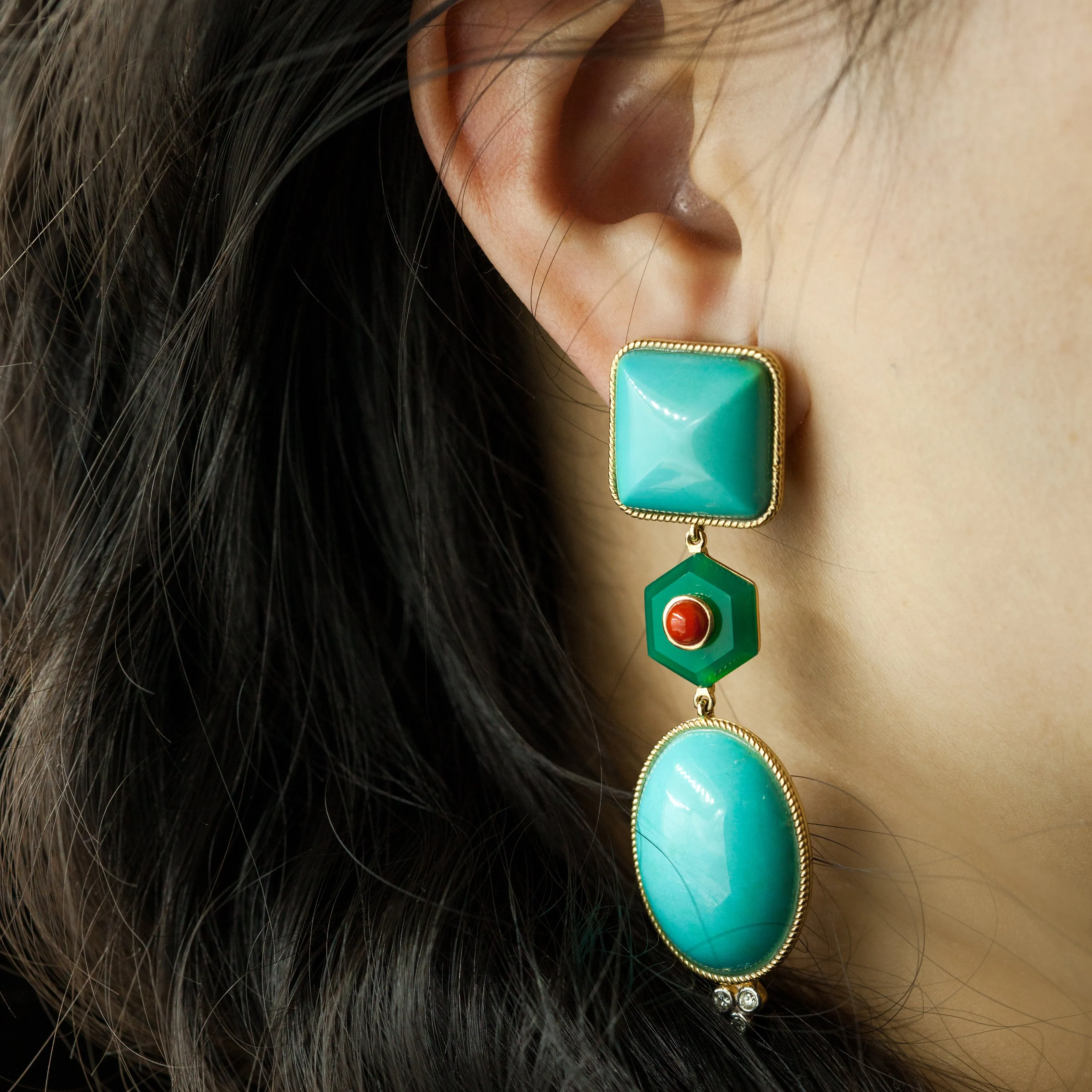 Earrings with Sleeping Beauty Turquoise, Green Agate, Coral and Diamonds.