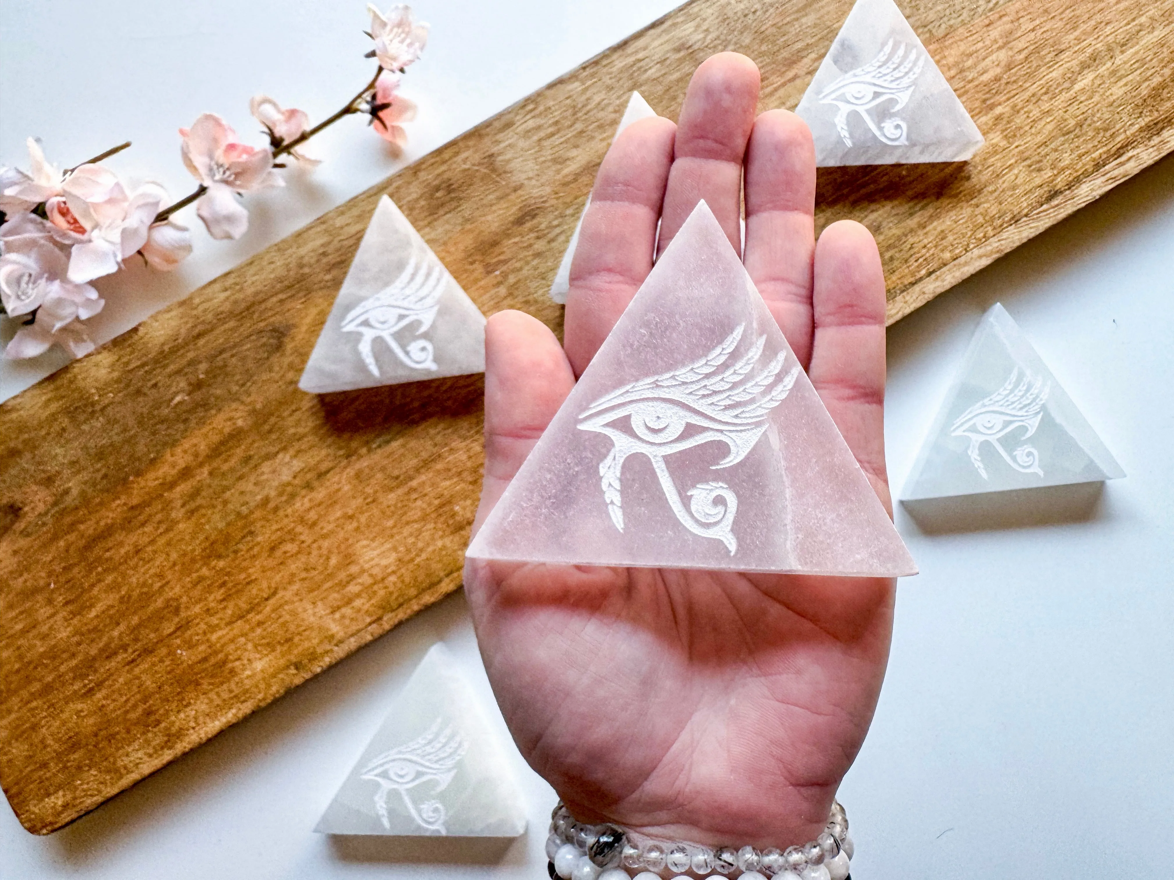 Engraved Eye of Horus Selenite Triangle Charging Plate