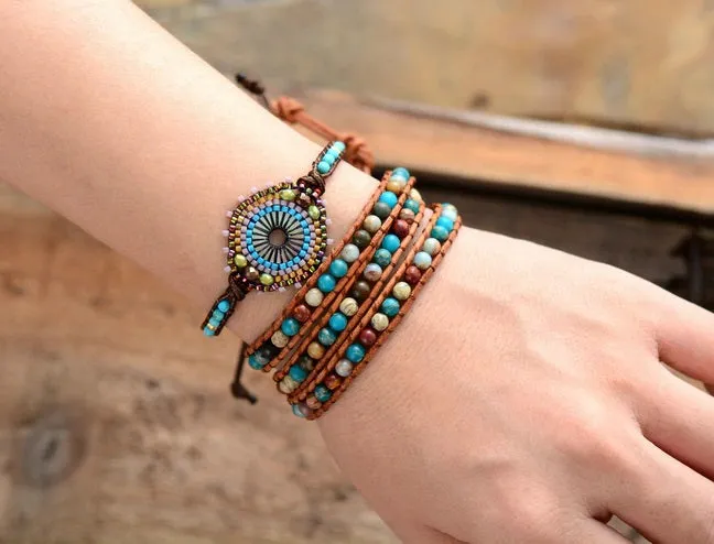 Evil Eye Seed Beads Turquoise Mixed Natural Stones Wrap Bracelet