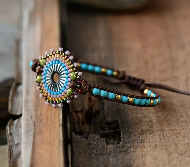 Evil Eye Seed Beads Turquoise Mixed Natural Stones Wrap Bracelet