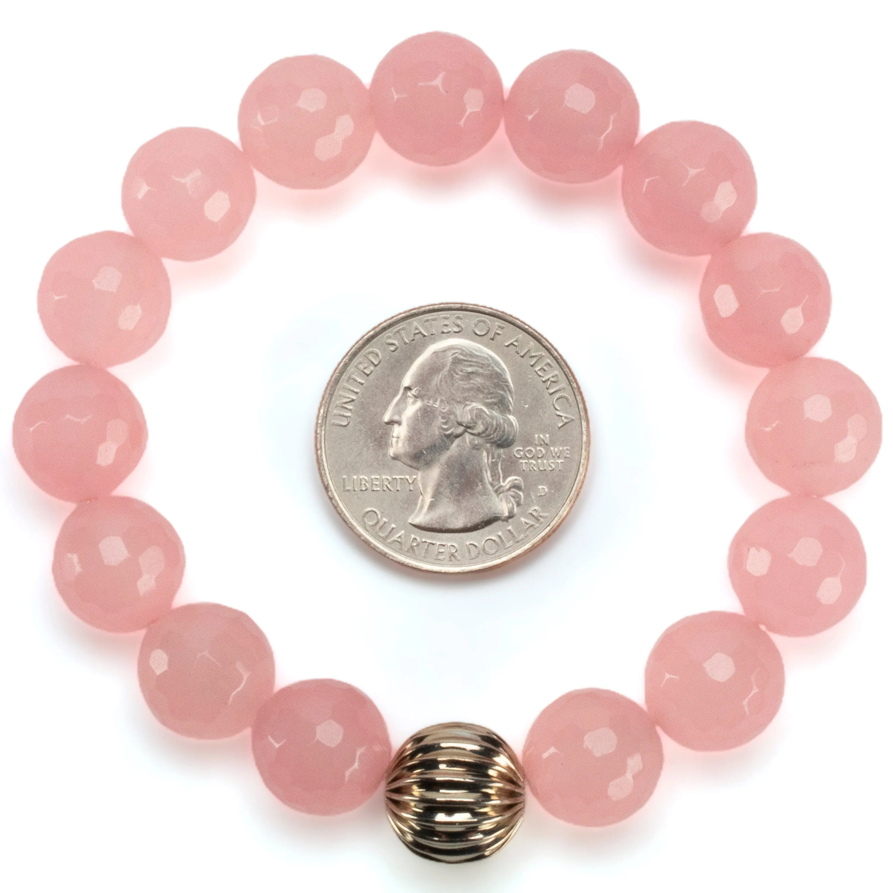 Faceted Rose Quartz 12mm Gemstone Bead Elastic Bracelet with Silver Accent Bead