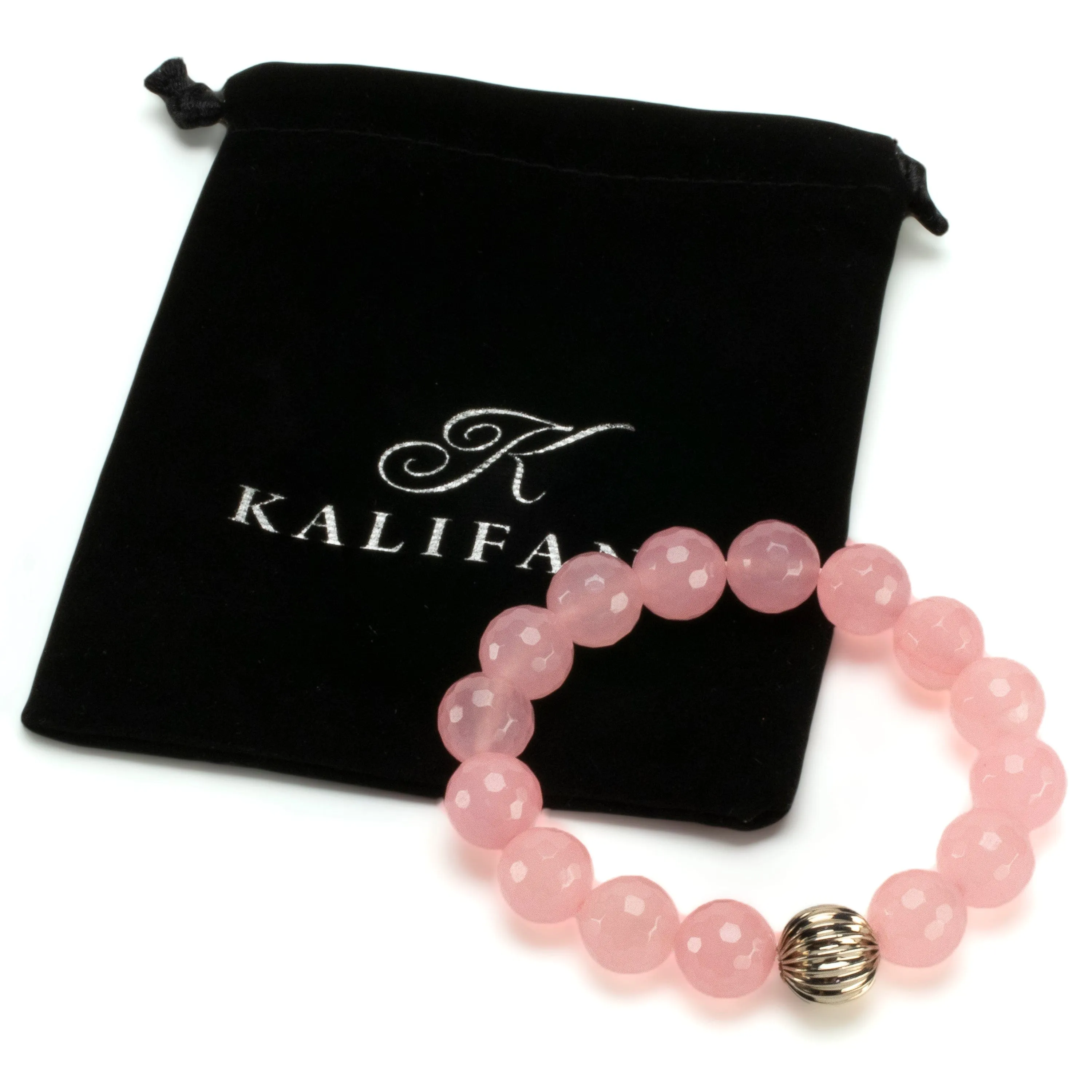 Faceted Rose Quartz 12mm Gemstone Bead Elastic Bracelet with Silver Accent Bead